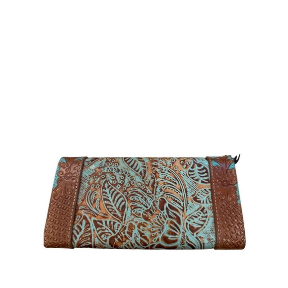 Myra Handbags Stay Positive S-4907 Brown & Turquoise Floral Leather Wallet NWT - Picture 2 of 5